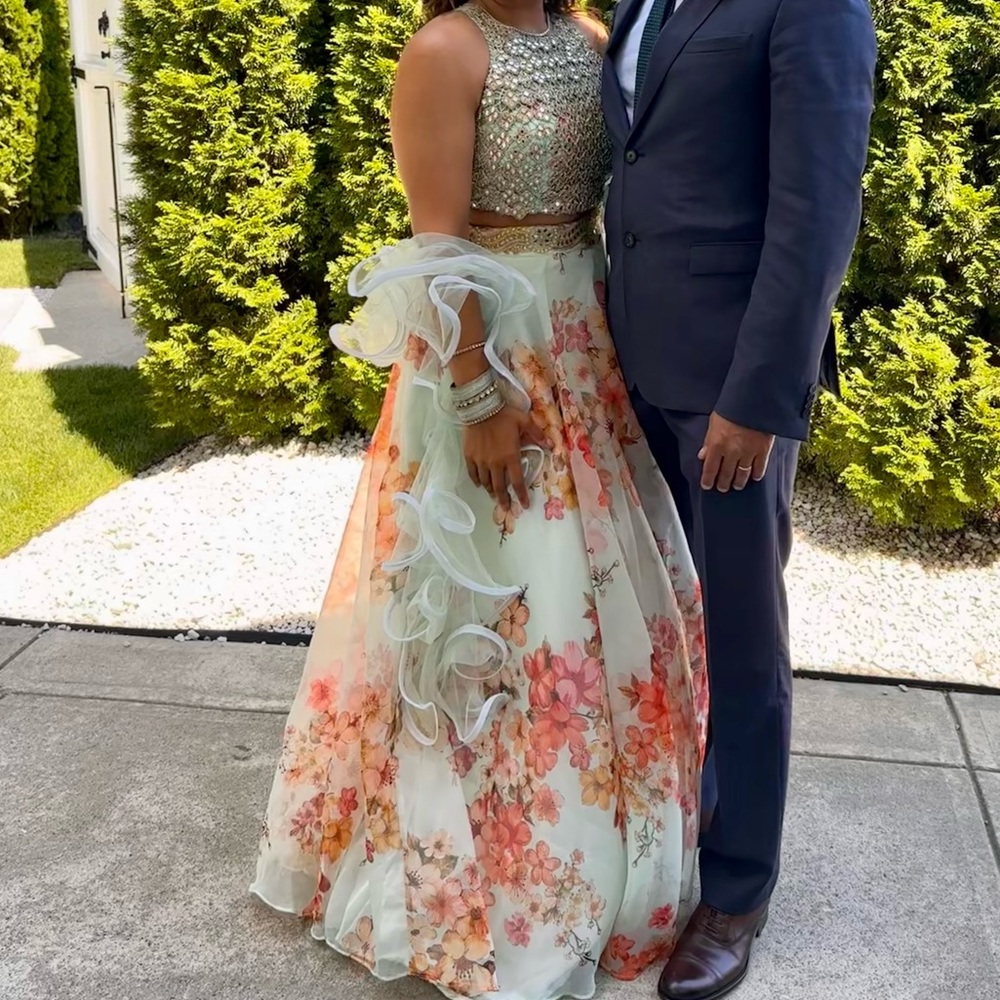 Green and gold floral Lehenga